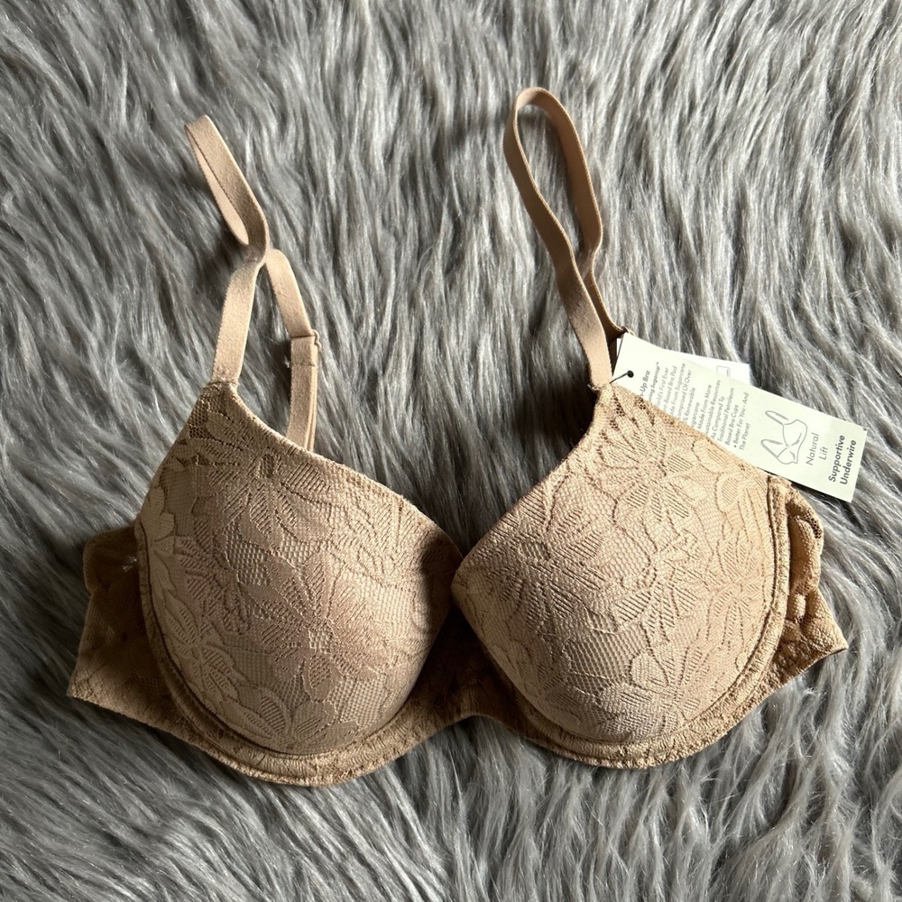 No Boundaries Push Up Bra Womens Size 32C Tan Brown Floral Lace‎ Underwire NEW